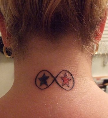 double star tattoo red and black on the back